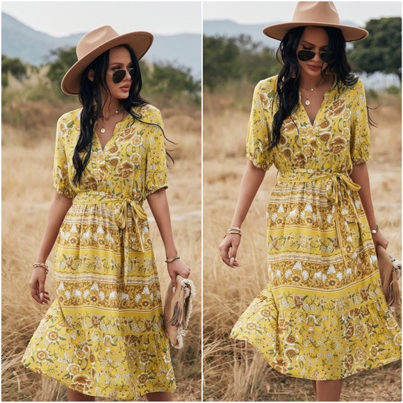 boho floral print v neck belted side slit dress - Picture 3 of 6